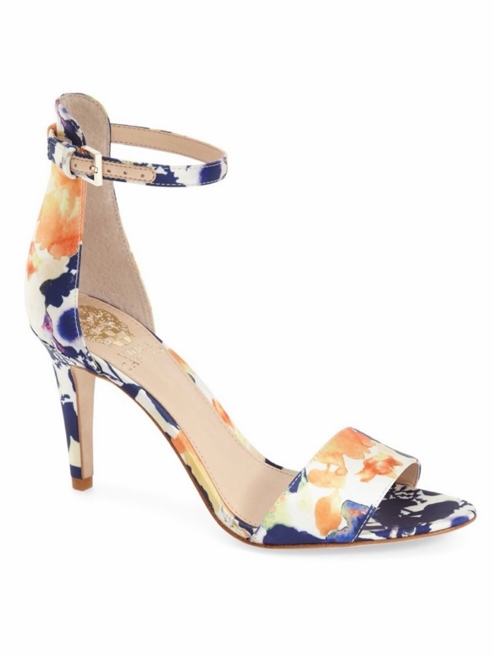 Vince Camuto Floral Open-Toe Ankle-Strap Heel in Navy & Orange